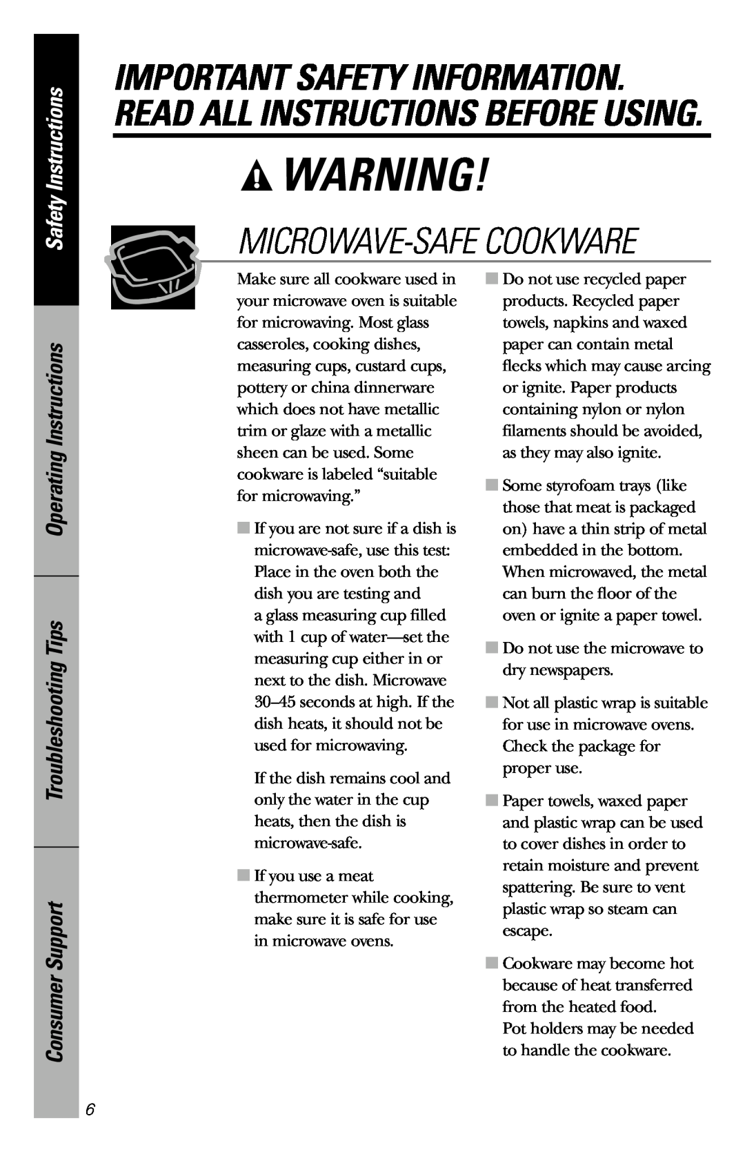 GE 164D3370P211 owner manual Microwave-Safe Cookware, Important Safety Information. Read All Instructions Before Using 