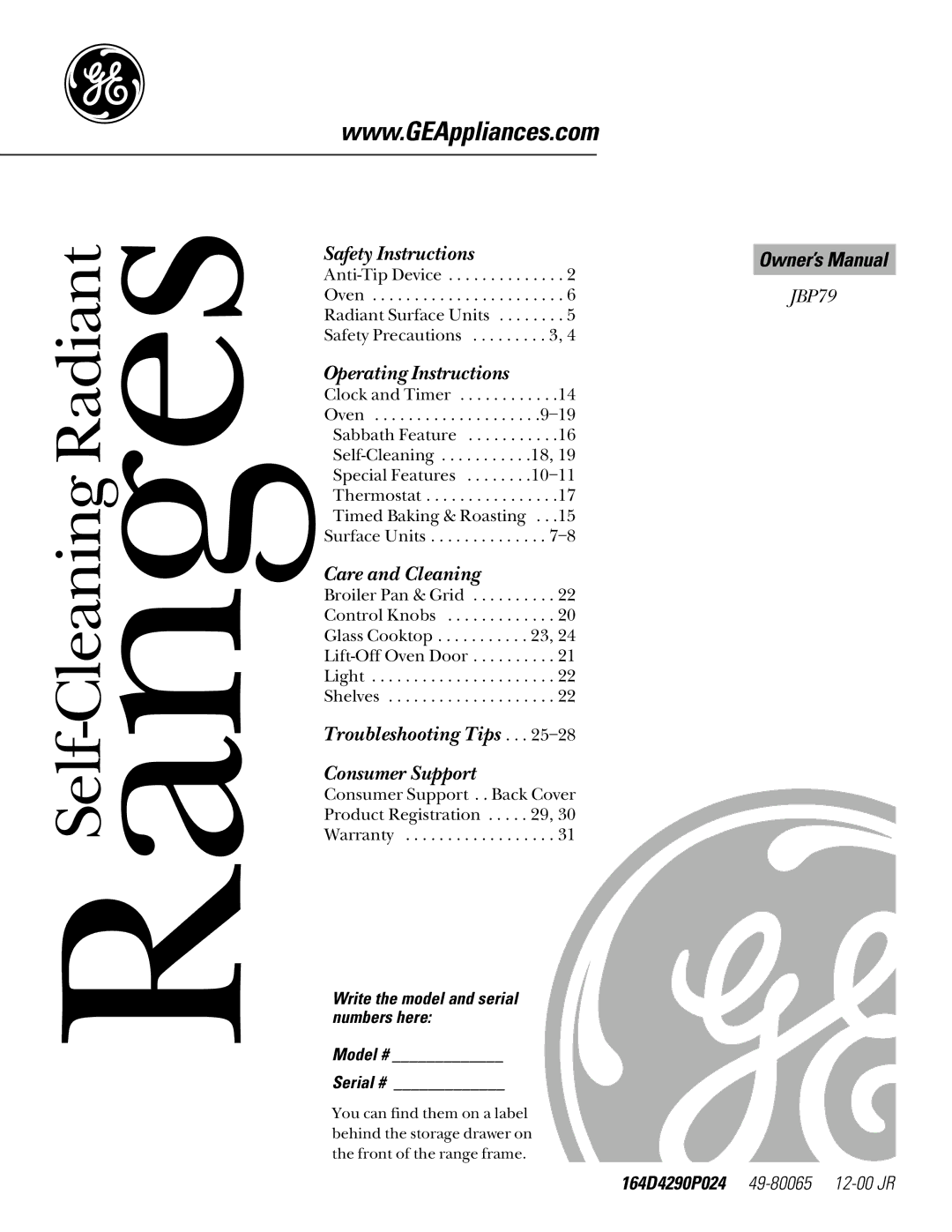 GE 49-80065 owner manual RangesSelf-Cleaning Radiant, Write the model and serial numbers here Model # Serial # 