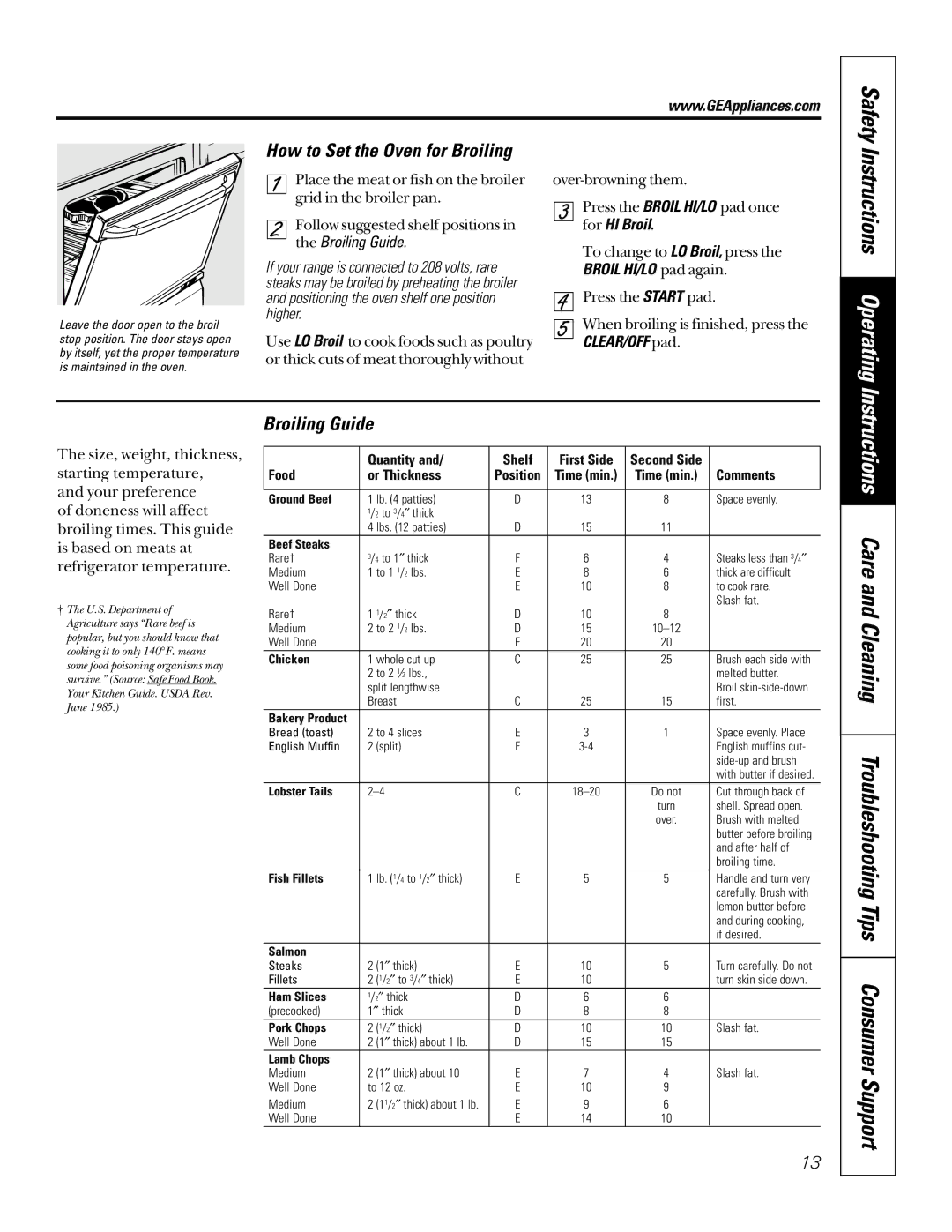 GE 49-80065, 164D4290P024 owner manual Instructions Operating, Safety, How to Set the Oven for Broiling, Broiling Guide 