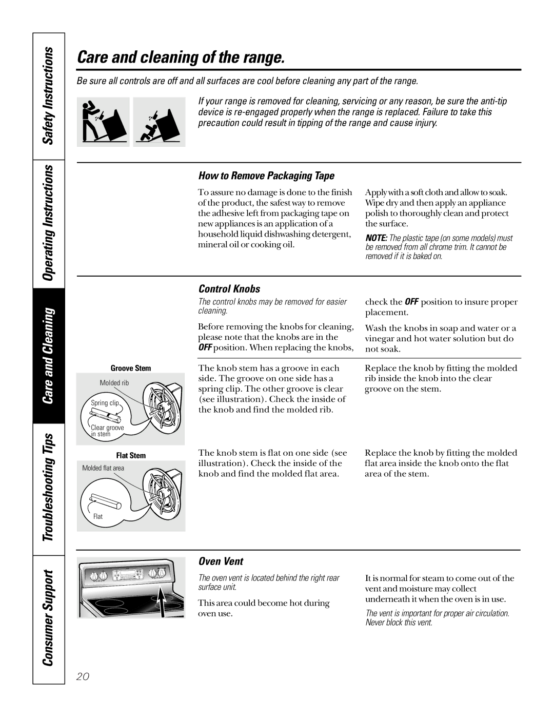 GE 164D4290P024, 49-80065 Care and cleaning of the range, How to Remove Packaging Tape, Control Knobs, Oven Vent 