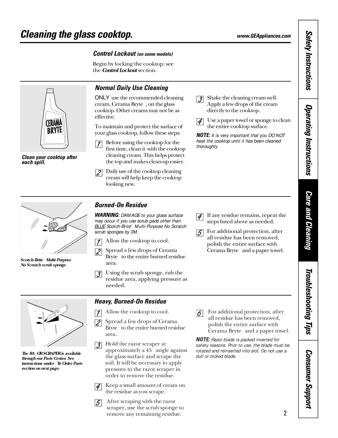 GE 49-80065 Cleaning the glass cooktop, Tips Consumer Support, Safety Instructions, Operating Instructions Care 