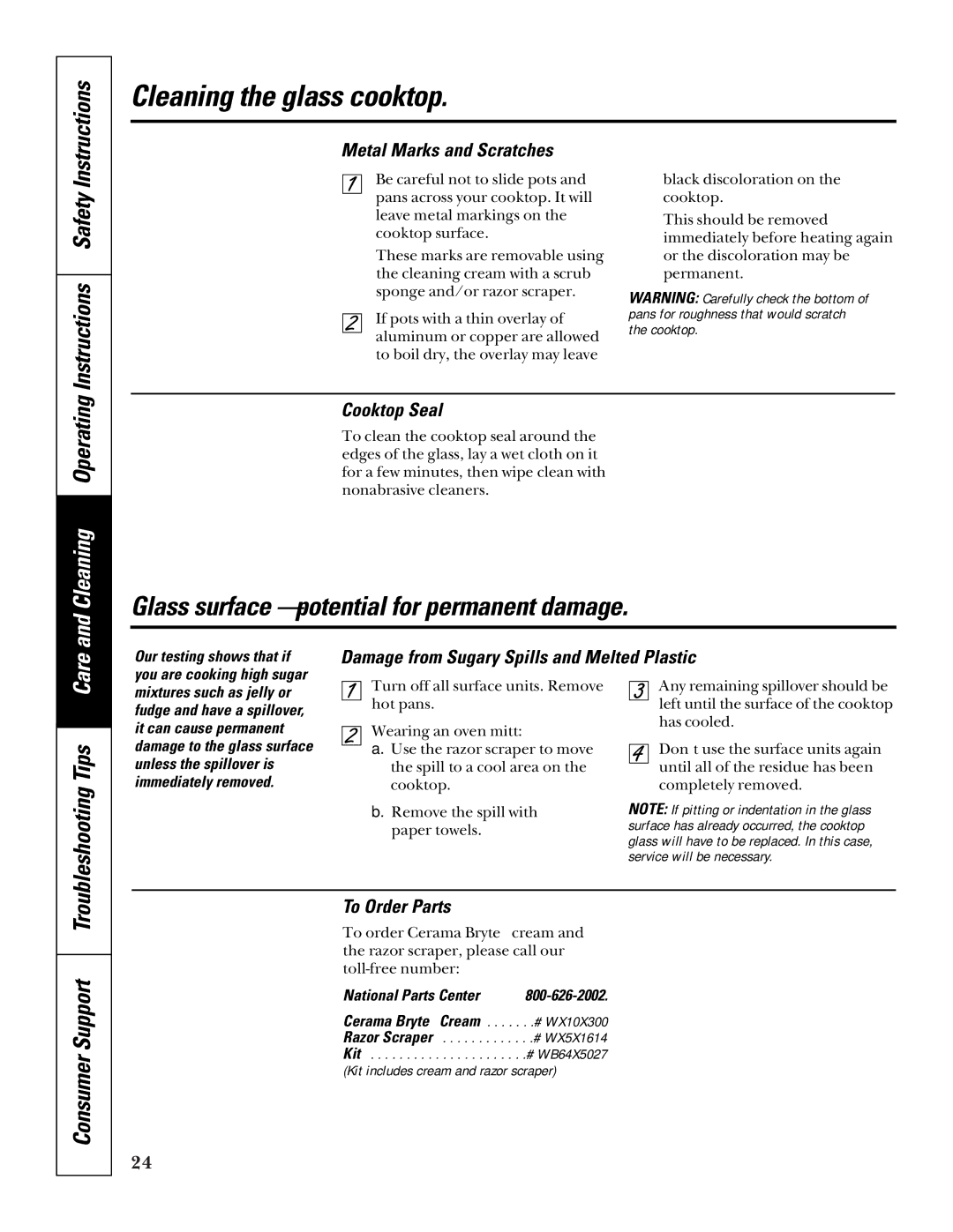 GE 164D4290P024 Instructions Safety, Metal Marks and Scratches, Cooktop Seal, Damage from Sugary Spills and Melted Plastic 
