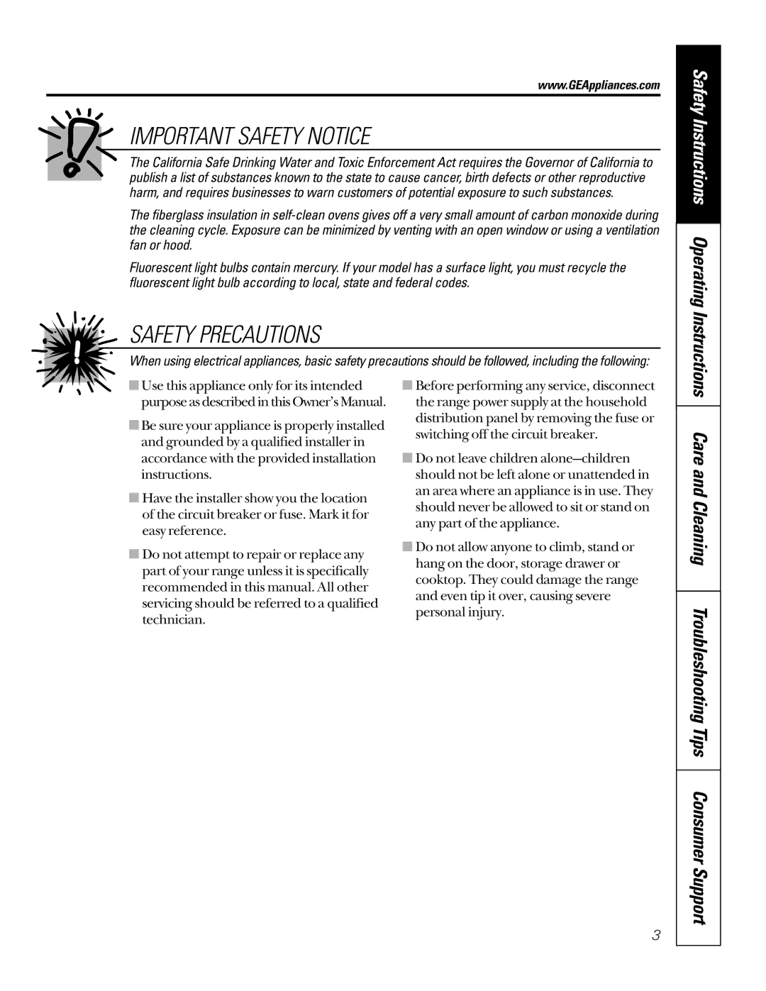 GE 49-80065, 164D4290P024 owner manual Important Safety Notice, Safety Instructions Operating Instructions 