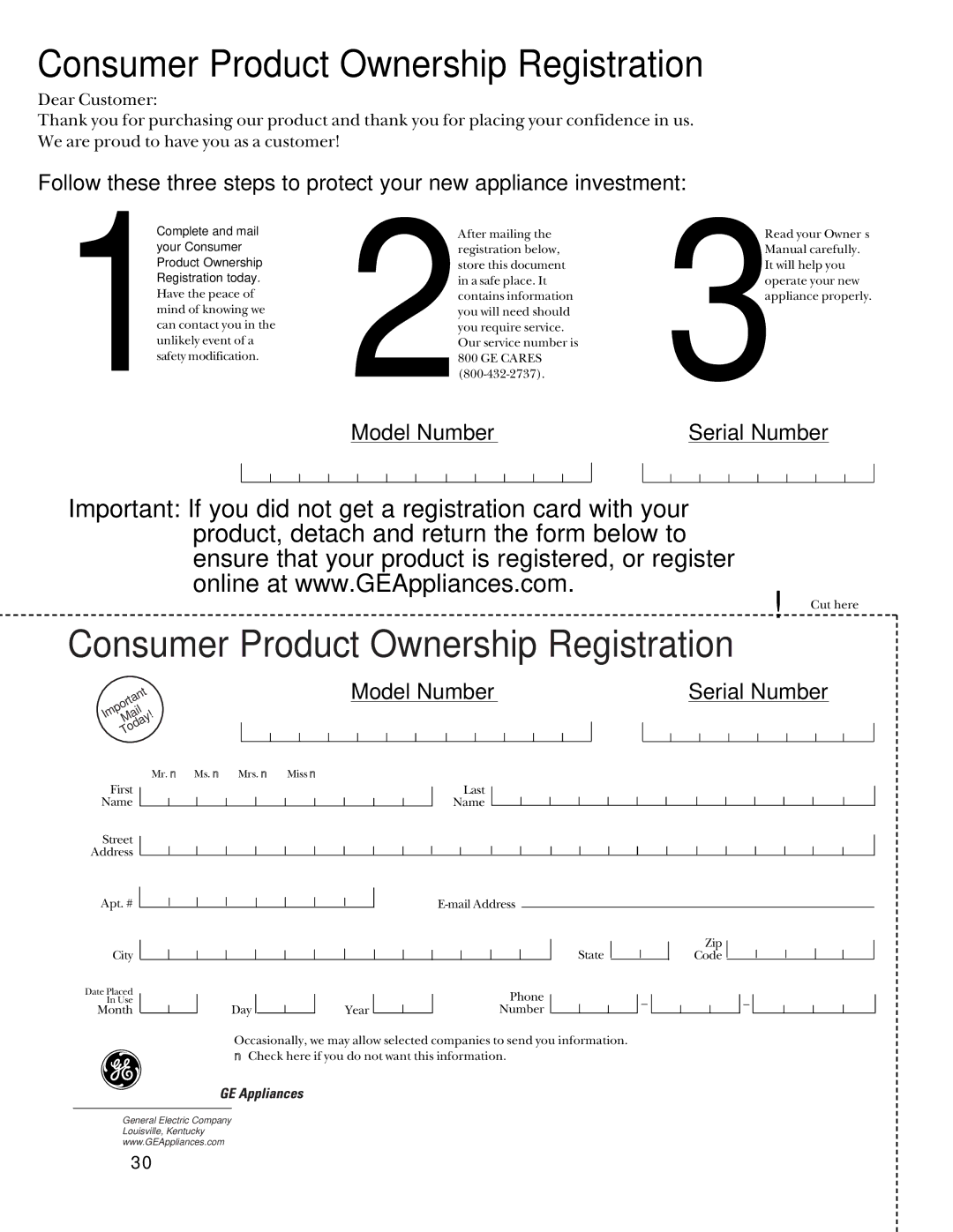 GE 164D4290P024, 49-80065 owner manual Consumer Product Ownership Registration 