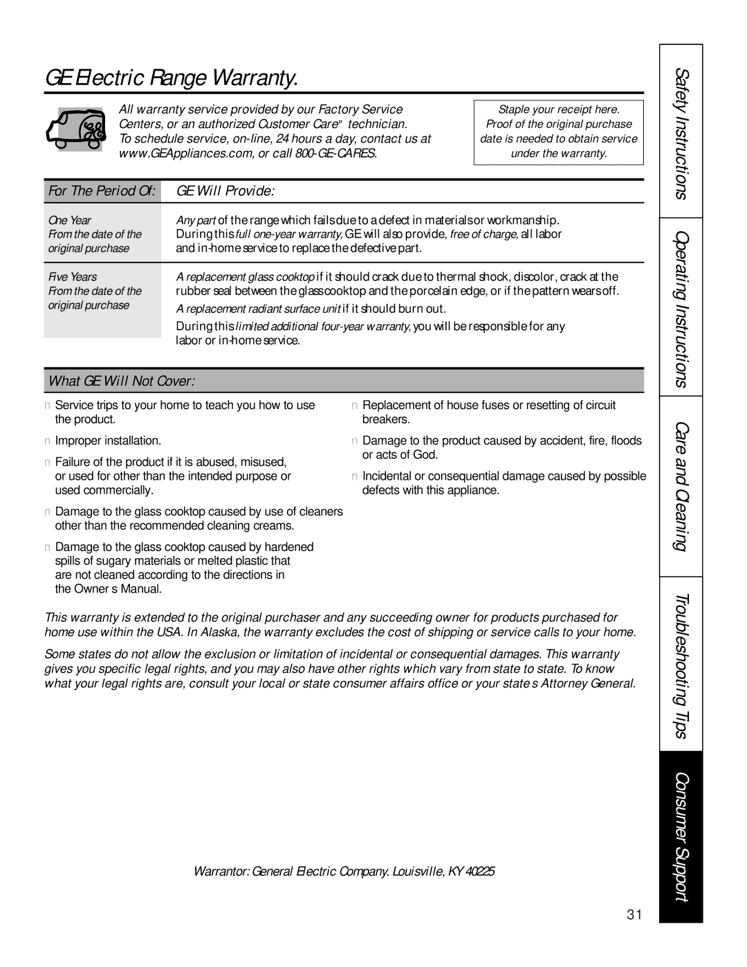 GE 49-80065, 164D4290P024 owner manual GE Electric Range Warranty, GE Will Provide, What GE Will Not Cover 
