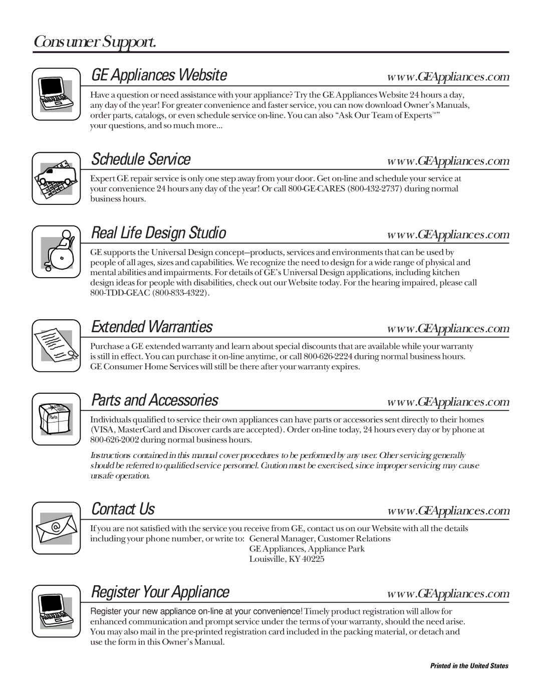 GE 164D4290P024 Consumer Support GE Appliances Website, Schedule Service, Real Life Design Studio, Extended Warranties 