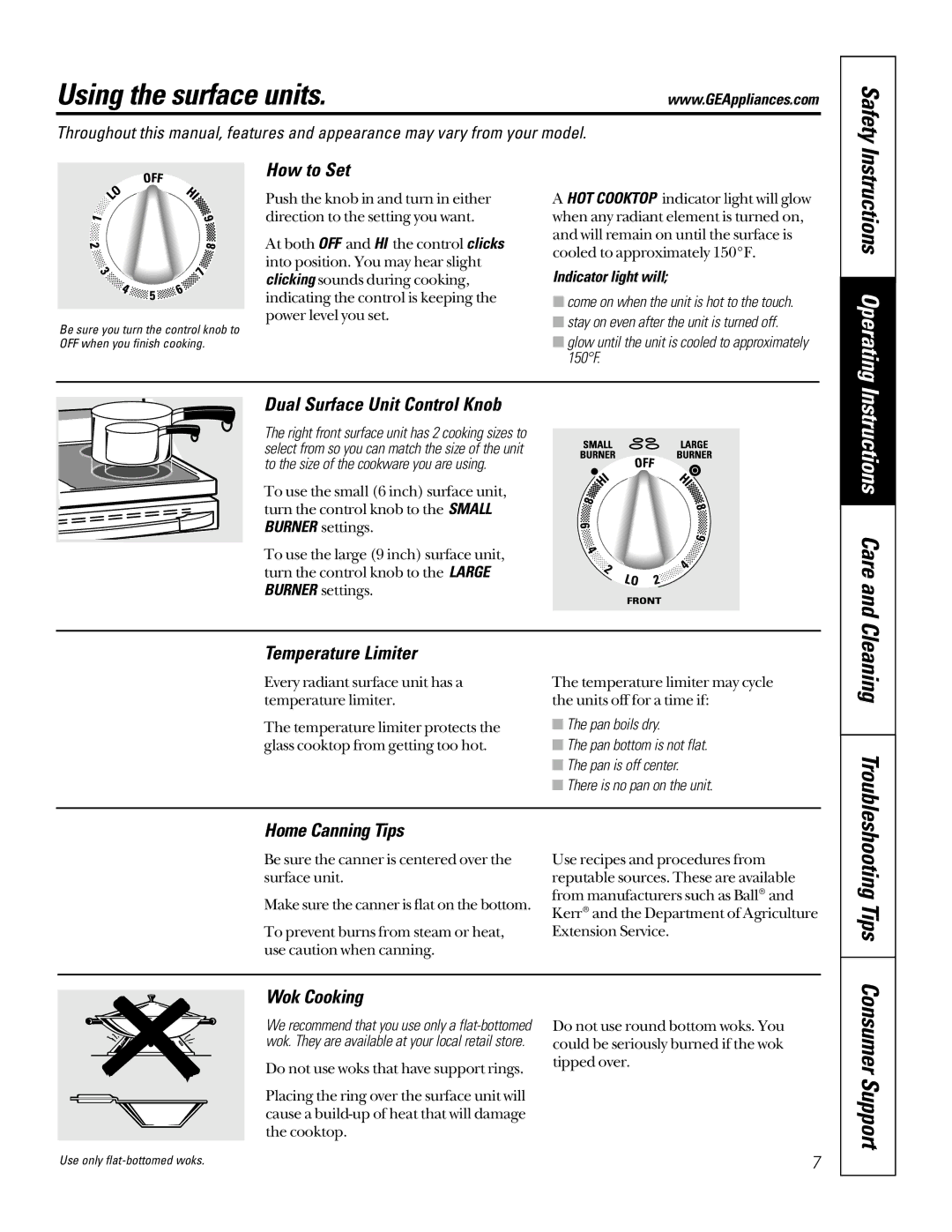 GE 49-80065, 164D4290P024 owner manual Using the surface units, Safety, Instructions Care, Cleaning, Consumer Support 