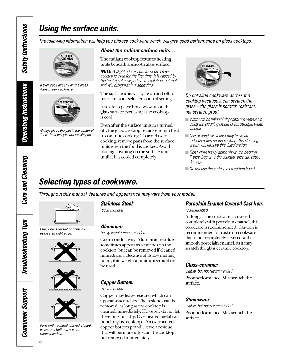 GE 164D4290P024, 49-80065 owner manual Selecting types of cookware, Cleaning Operating Instructions Safety 