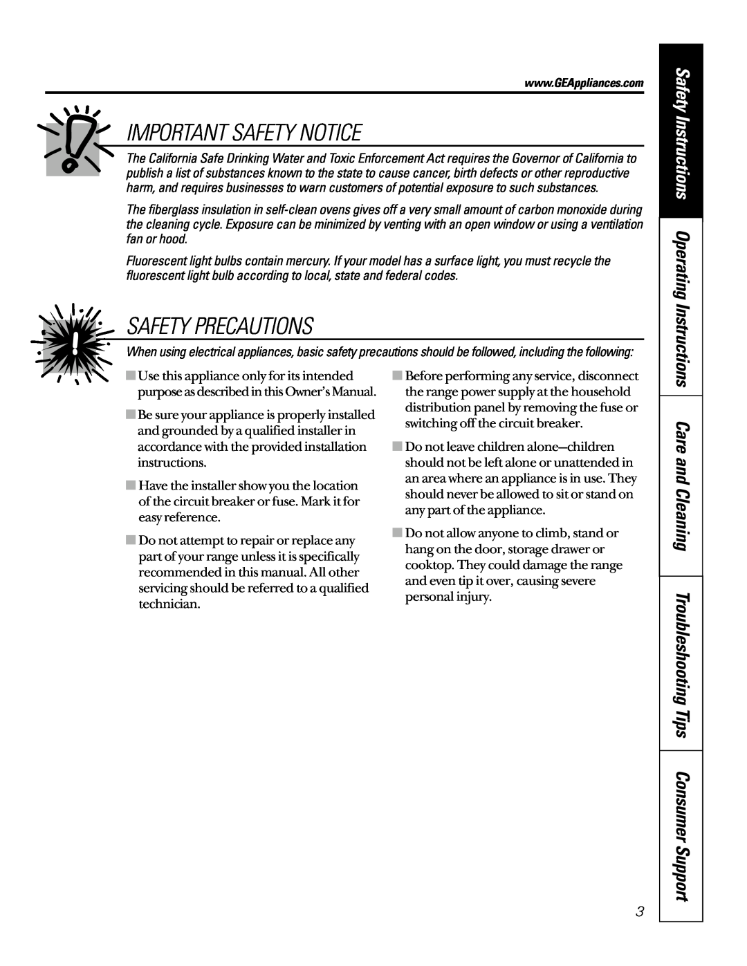 GE 49-80065 Important Safety Notice, Safety Precautions, Care and Cleaning Troubleshooting Tips Consumer Support 