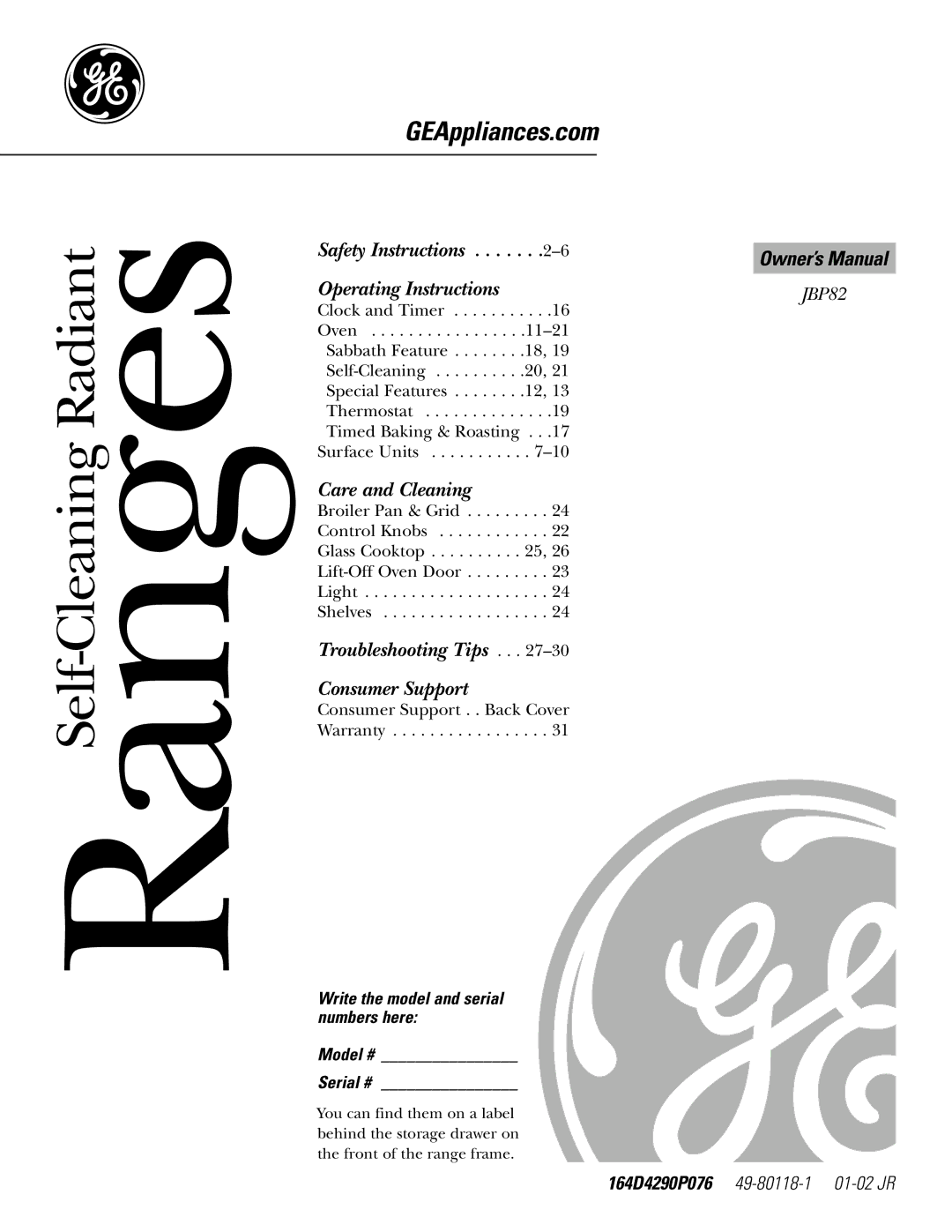 GE 164D4290P076 owner manual RangesSelf-Cleaning Radiant, Write the model and serial numbers here Model # Serial # 