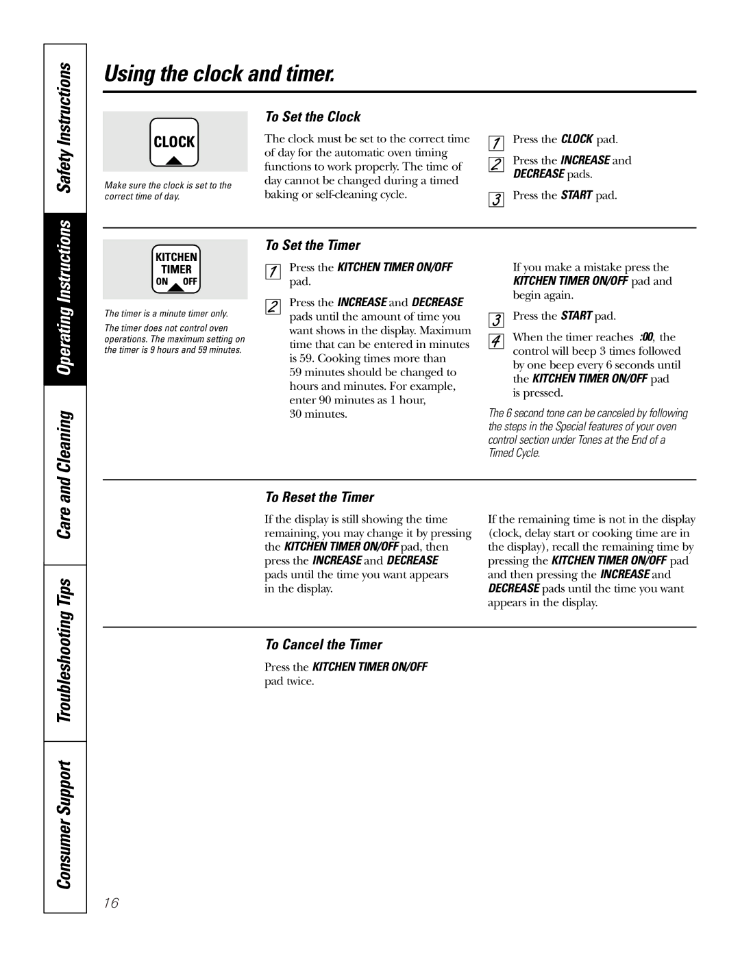 GE 164D4290P076 owner manual Using the clock and timer, Consumer Support Troubleshooting 