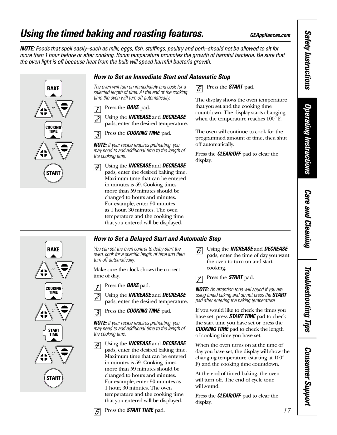 GE 164D4290P076 Using the timed baking and roasting features, Troubleshooting Tips Consumer Support, Safety Instructions 