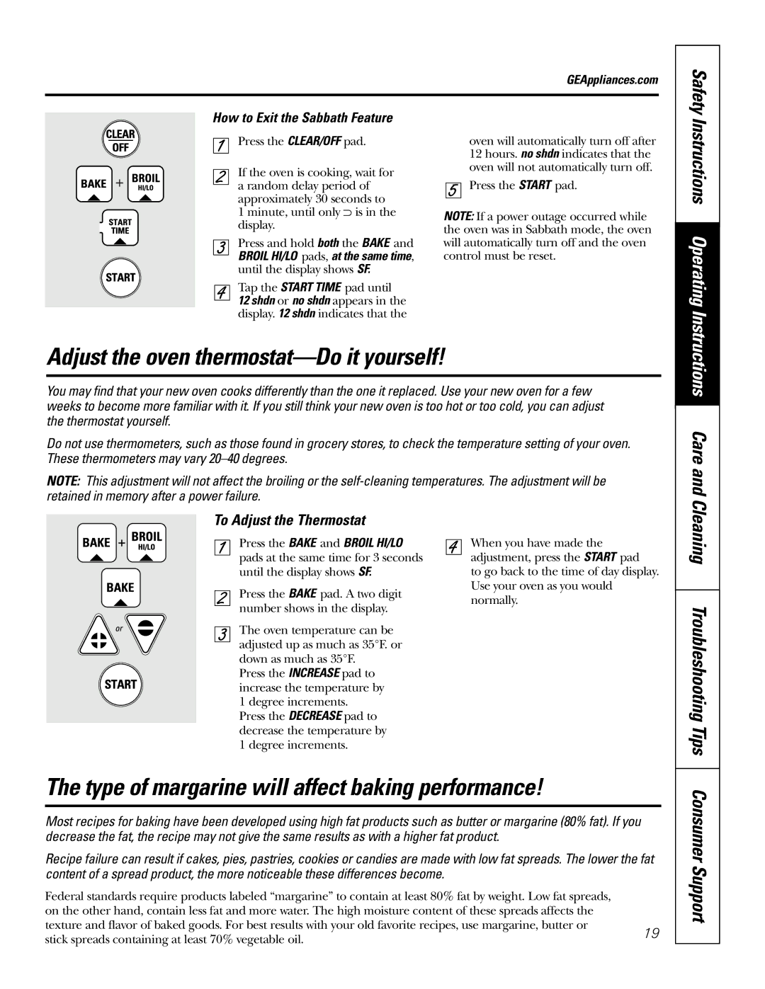 GE 164D4290P076 Adjust the oven thermostat-Do it yourself, Type of margarine will affect baking performance, Safety 