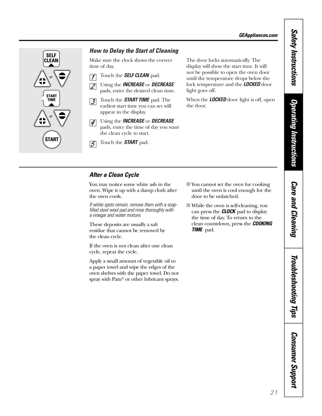 GE 164D4290P076 owner manual Care and Cleaning Troubleshooting Tips Consumer Support, How to Delay the Start of Cleaning 