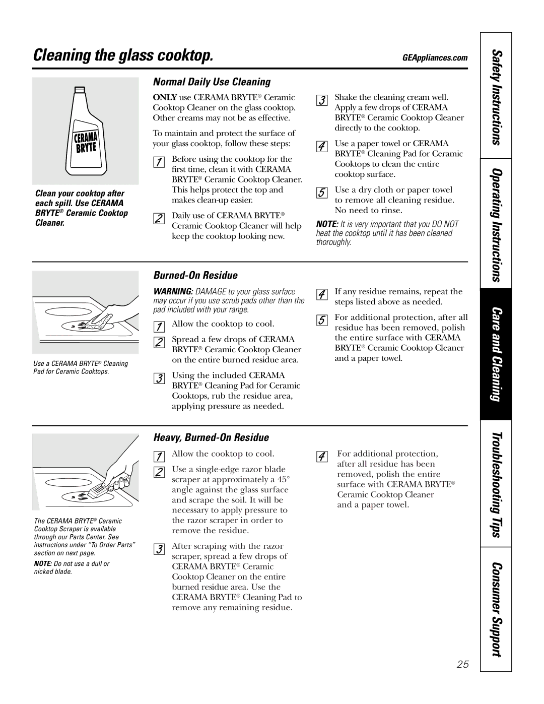 GE 164D4290P076 owner manual Cleaning the glass cooktop, Instructions Operating Instructions, Normal Daily Use Cleaning 