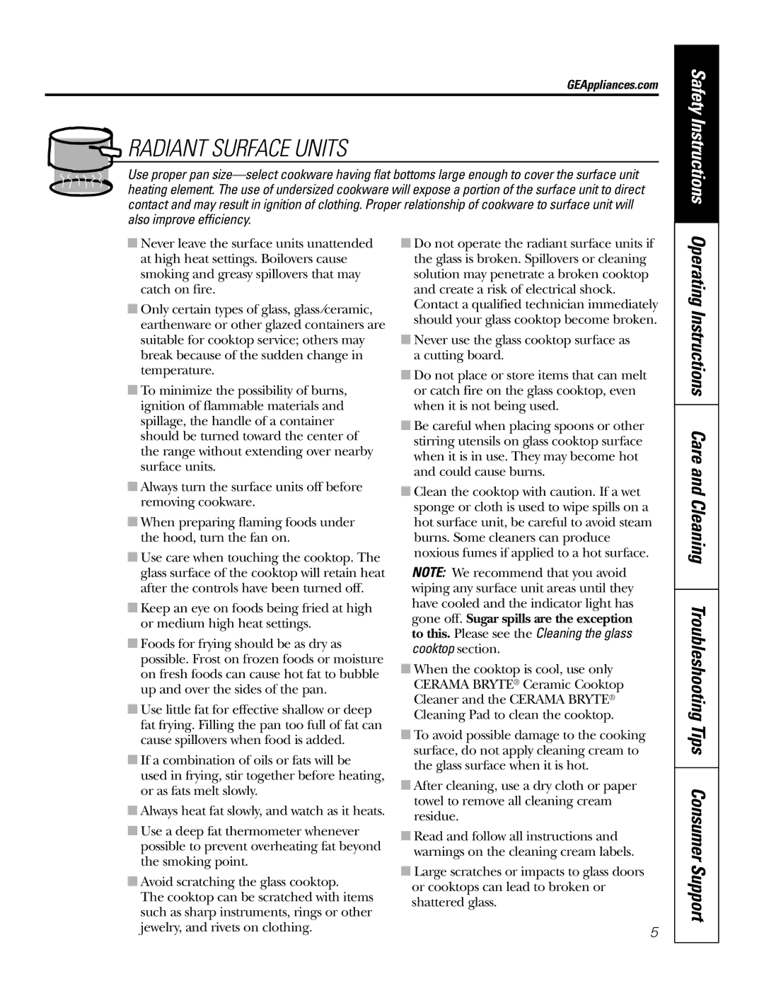 GE 164D4290P076 owner manual Radiant Surface Units 