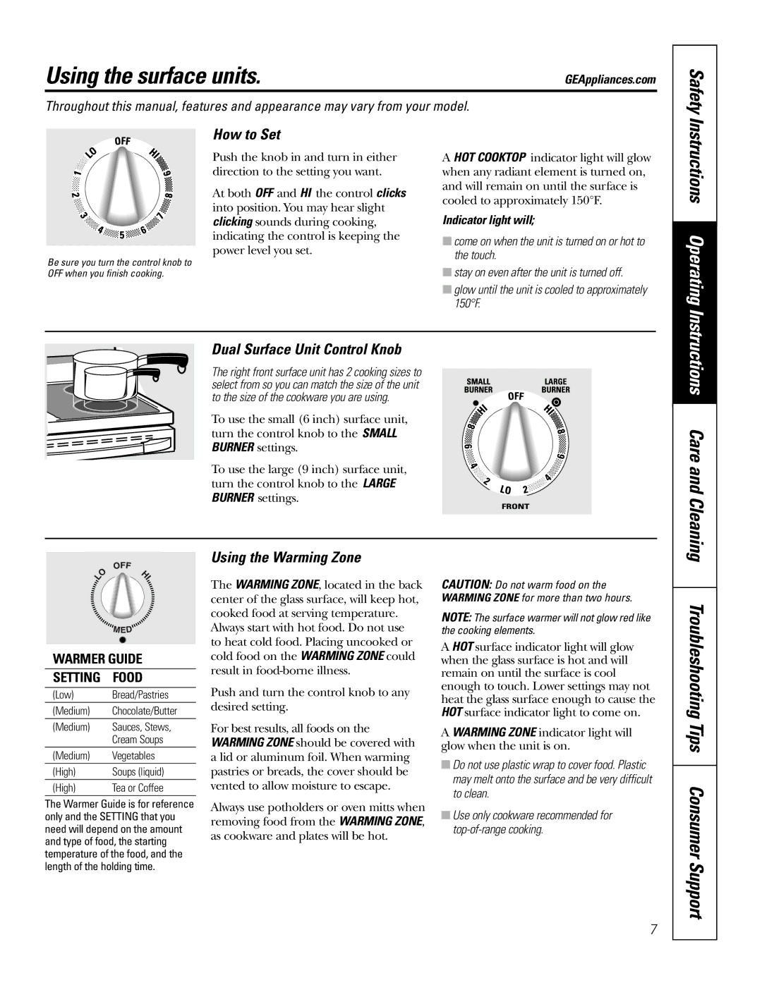 GE 164D4290P076 owner manual Using the surface units, Safety, Instructions Operating, Instructions Care and Cleaning 