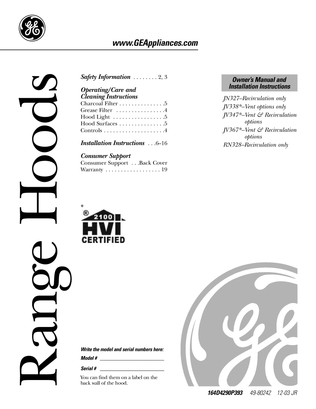 GE 164D4290P393 installation instructions Range Hoods 