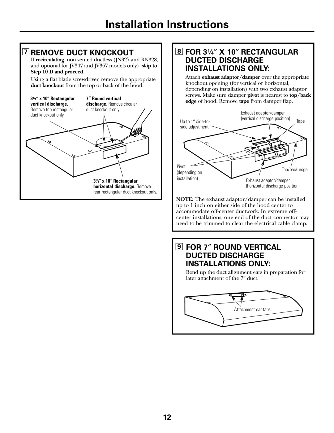 GE 164D4290P393 installation instructions Remove Duct Knockout, For 7″ Round Vertical Ducted Discharge Installations only 