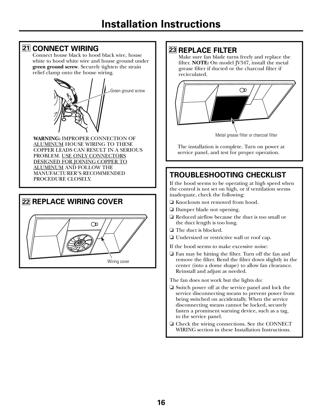 GE 164D4290P393 installation instructions Connect Wiring, Replace Wiring Cover, Replace Filter, Troubleshooting Checklist 