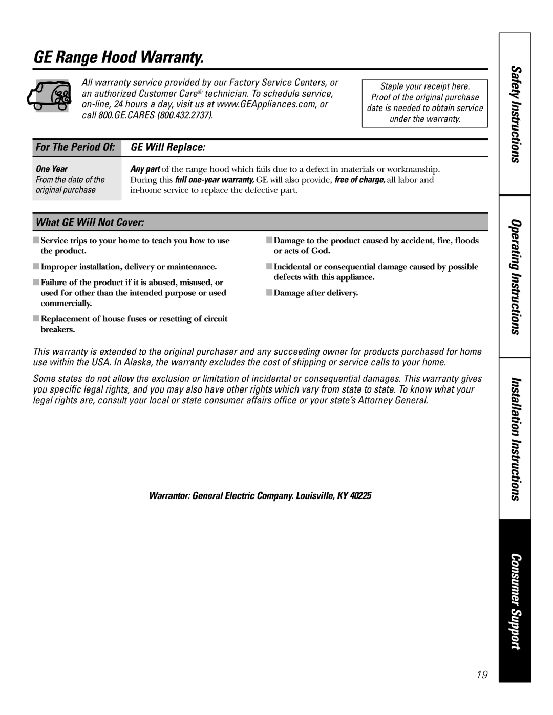 GE 164D4290P393 installation instructions GE Range Hood Warranty 