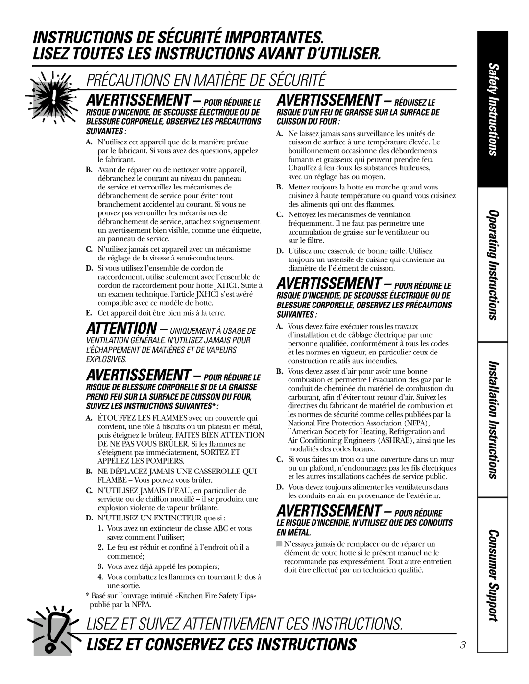 GE 164D4290P393 installation instructions Avertissement Réduisez LE 