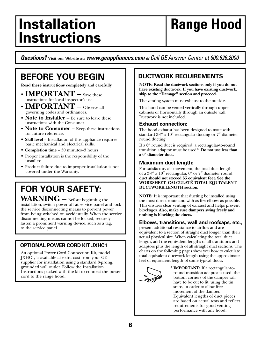 GE 164D4290P393 installation instructions Ductwork Requirements, Exhaust connection, Maximum duct length 