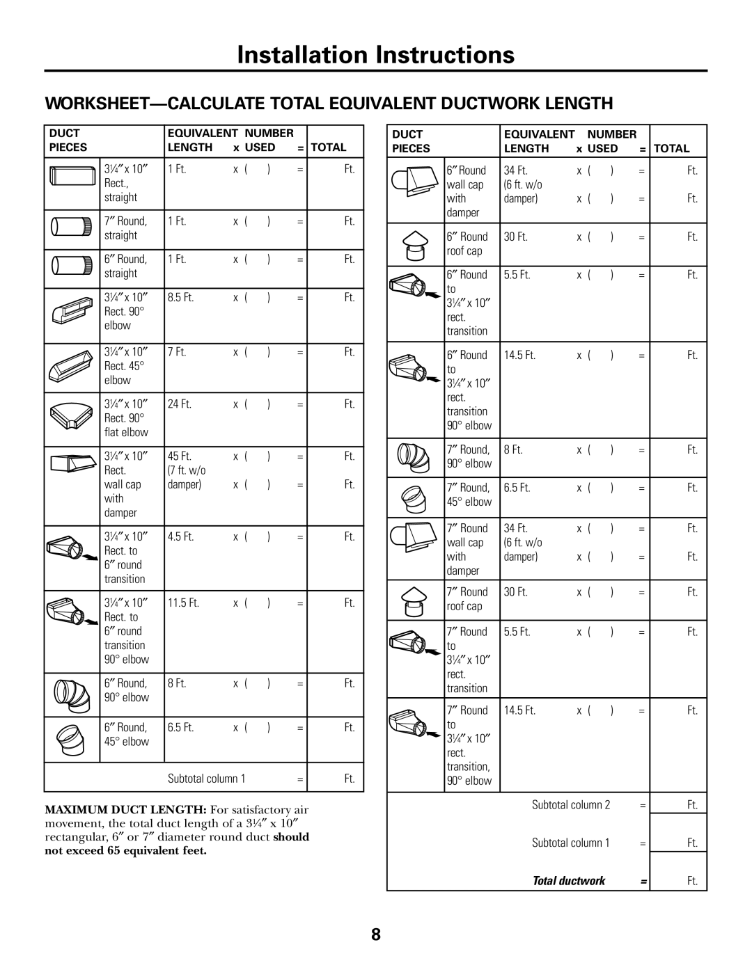 GE 164D4290P393 installation instructions WORKSHEET-CALCULATE Total Equivalent Ductwork Length 