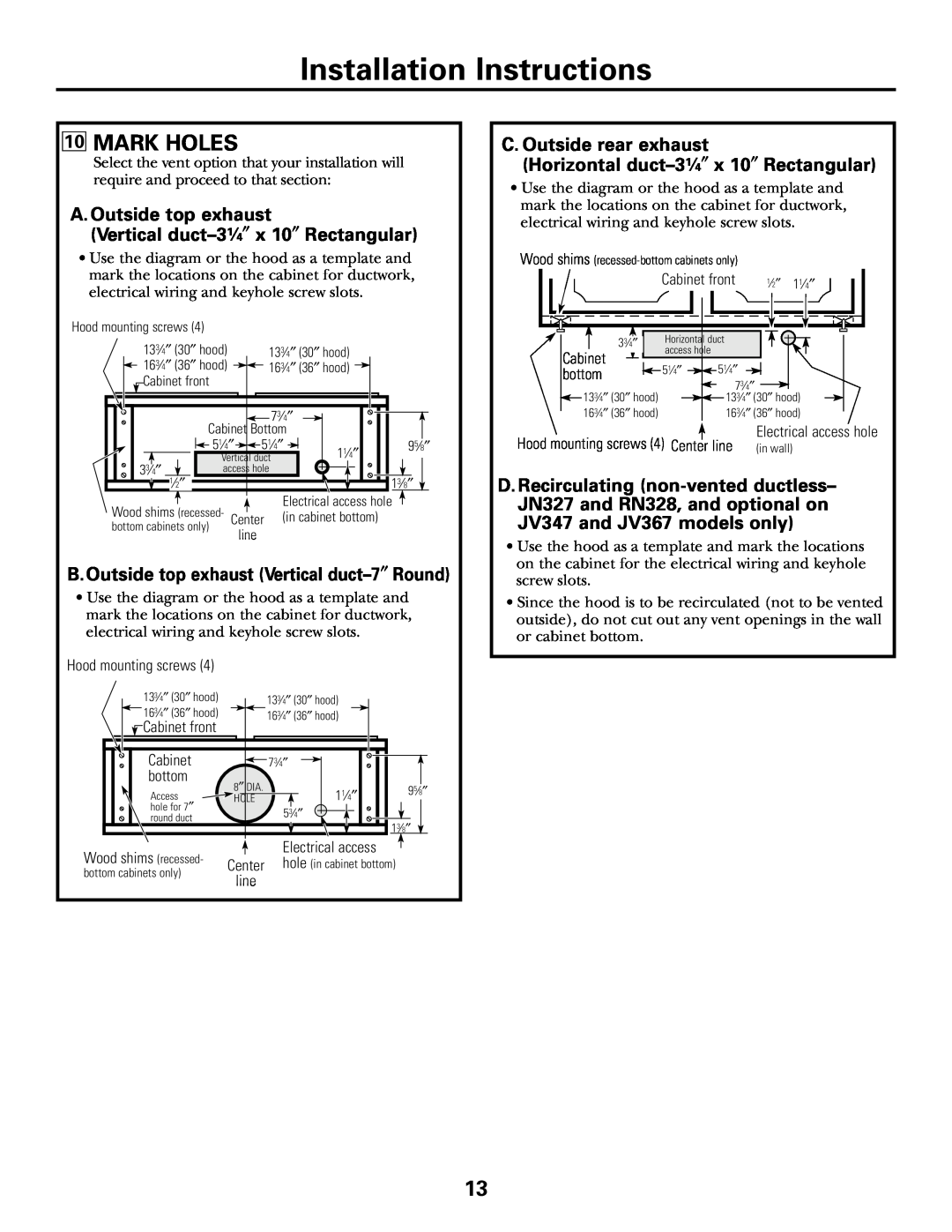 GE 164D4290P393 Mark Holes, A. Outside top exhaust Vertical duct-31⁄4″ x 10″ Rectangular, Installation Instructions 