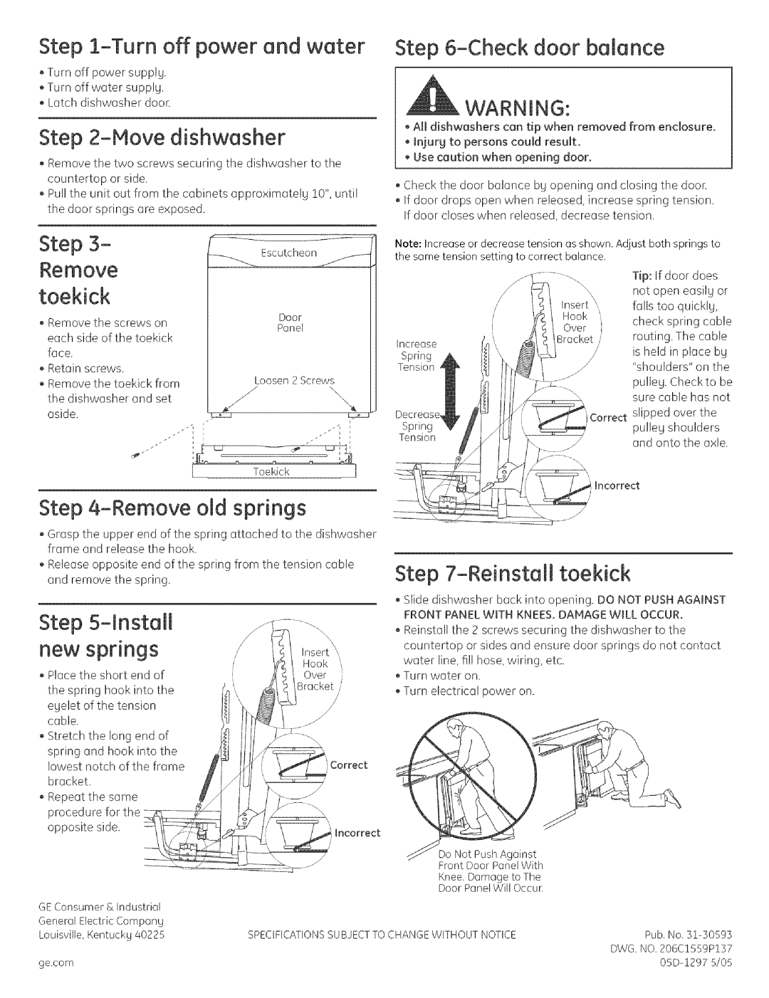 GE 165D4051G009 installation instructions Check door balance, Toekick, Install new springs 