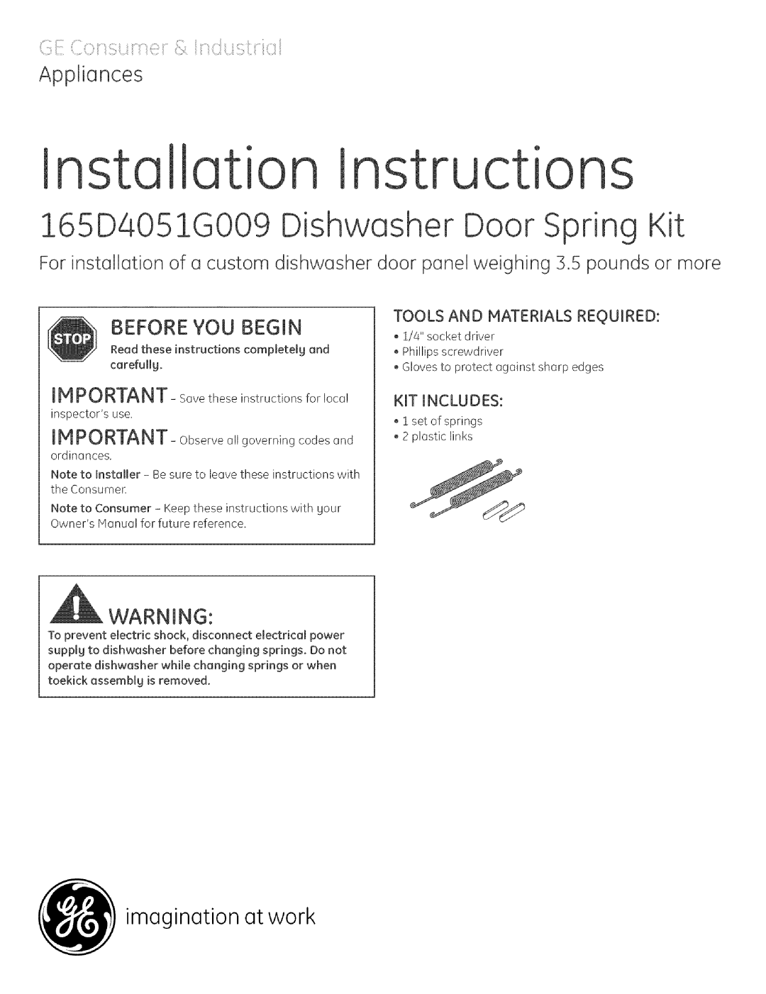 GE 165D4051G009 installation instructions Appliances, ination atwork imag, Installation Instructions 
