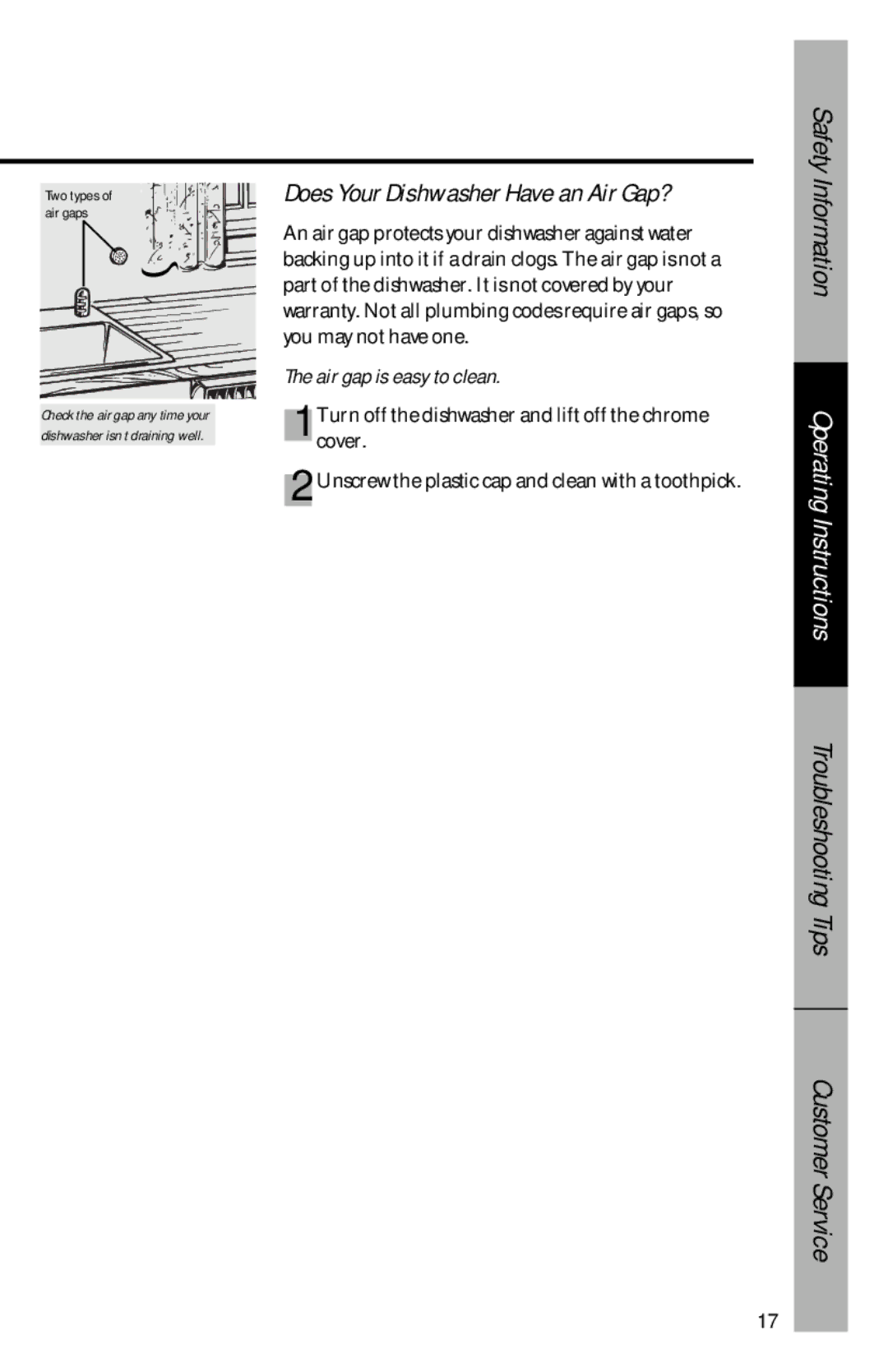 GE 165D4700P203 owner manual Does Your Dishwasher Have an Air Gap?, Air gap is easy to clean 