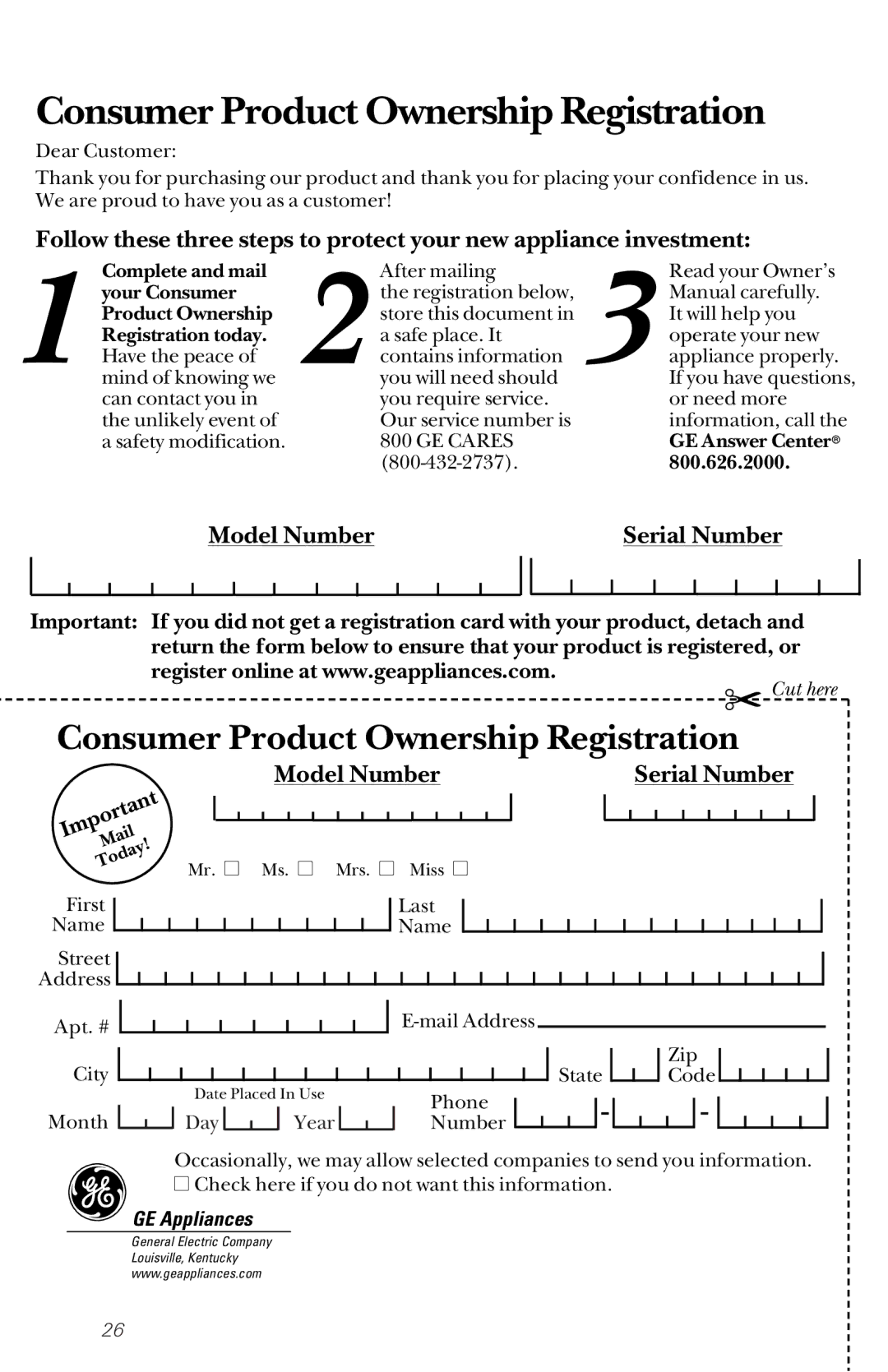 GE 165D4700P203 owner manual Consumer Product Ownership Registration, GE Appliances 