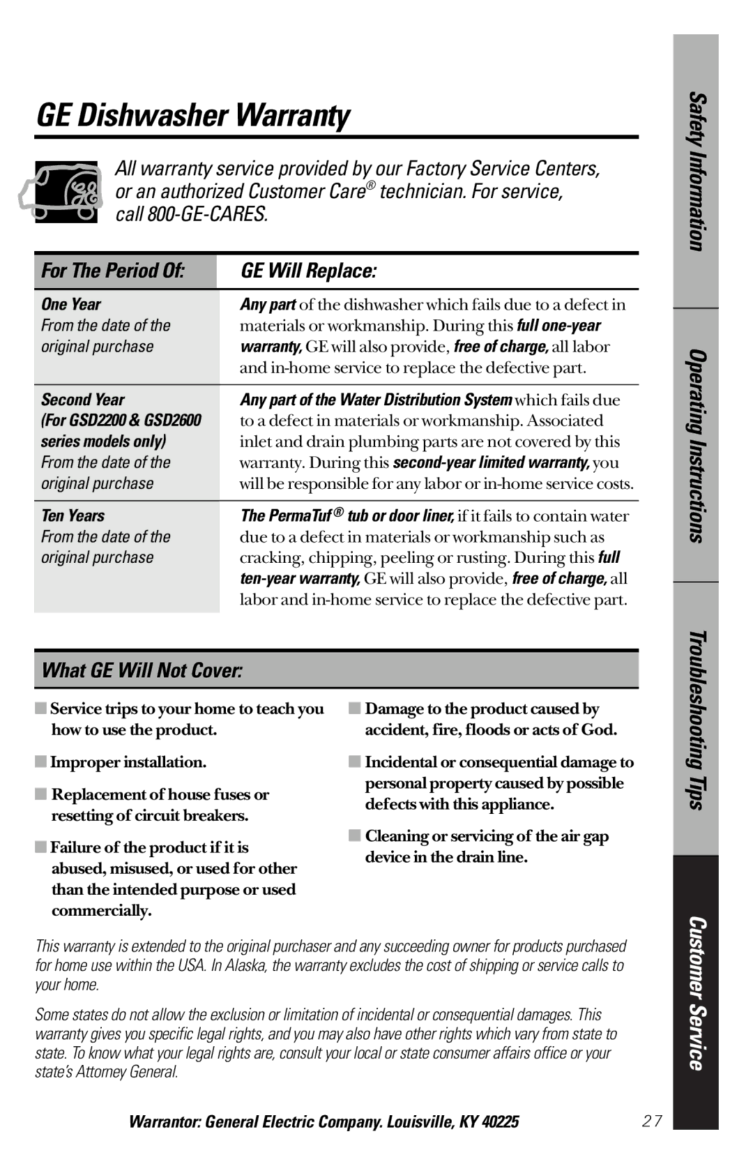 GE 165D4700P203 owner manual GE Dishwasher Warranty, GE Will Replace, What GE Will Not Cover 