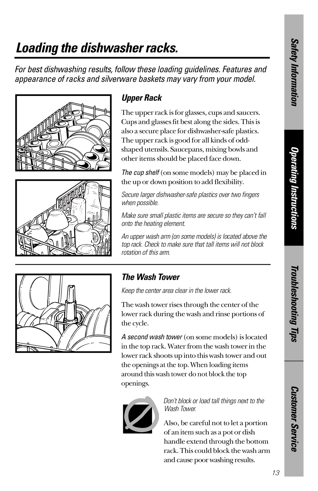 GE 165D4700P227 owner manual Loading the dishwasher racks, Upper Rack, Wash Tower 
