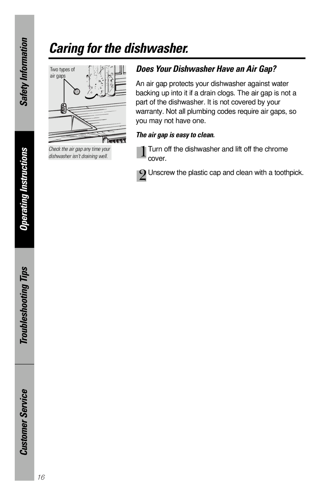 GE 165D4700P227 owner manual Does Your Dishwasher Have an Air Gap?, Air gap is easy to clean 