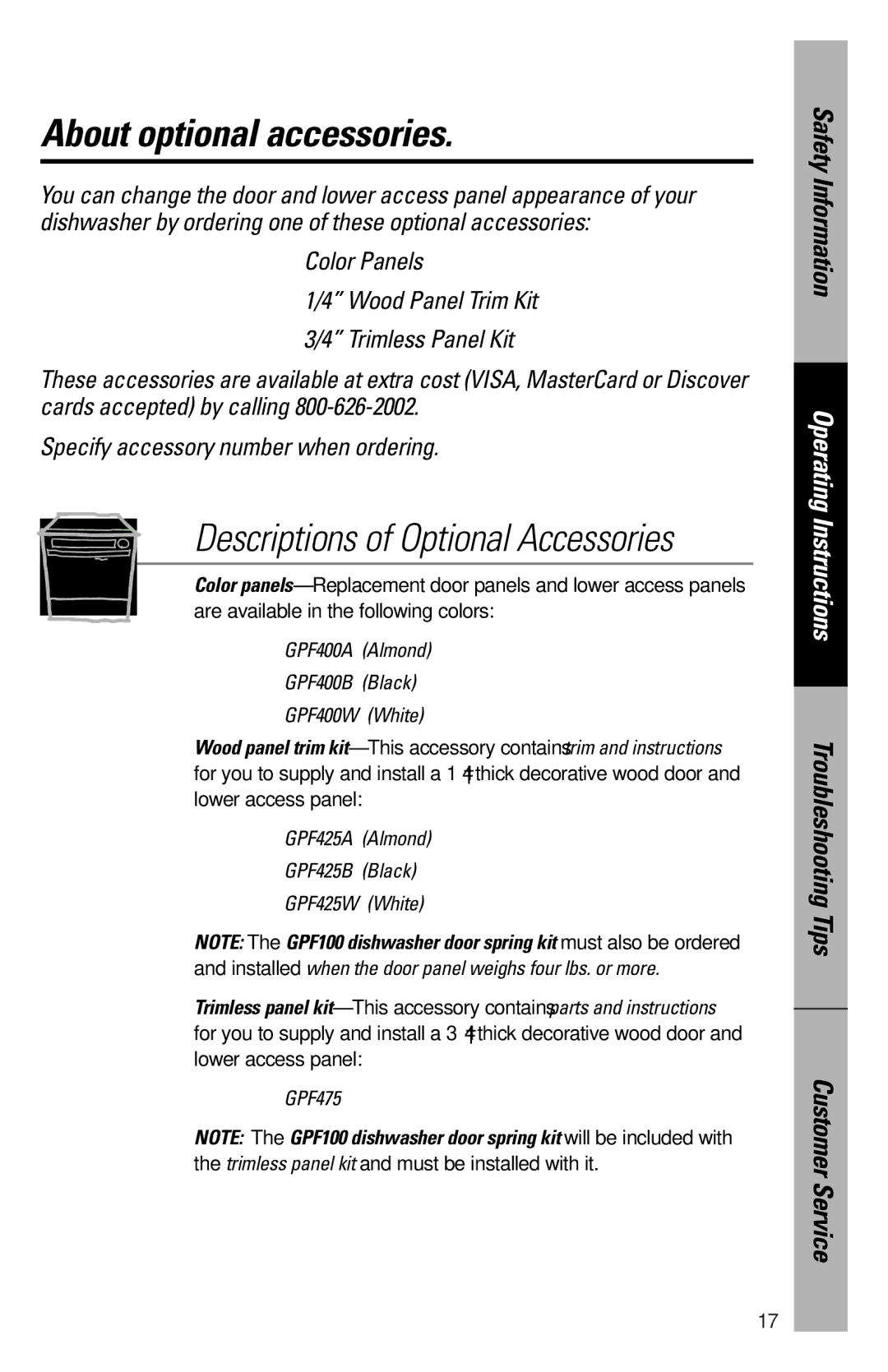 GE 165D4700P227 owner manual About optional accessories, Descriptions of Optional Accessories 