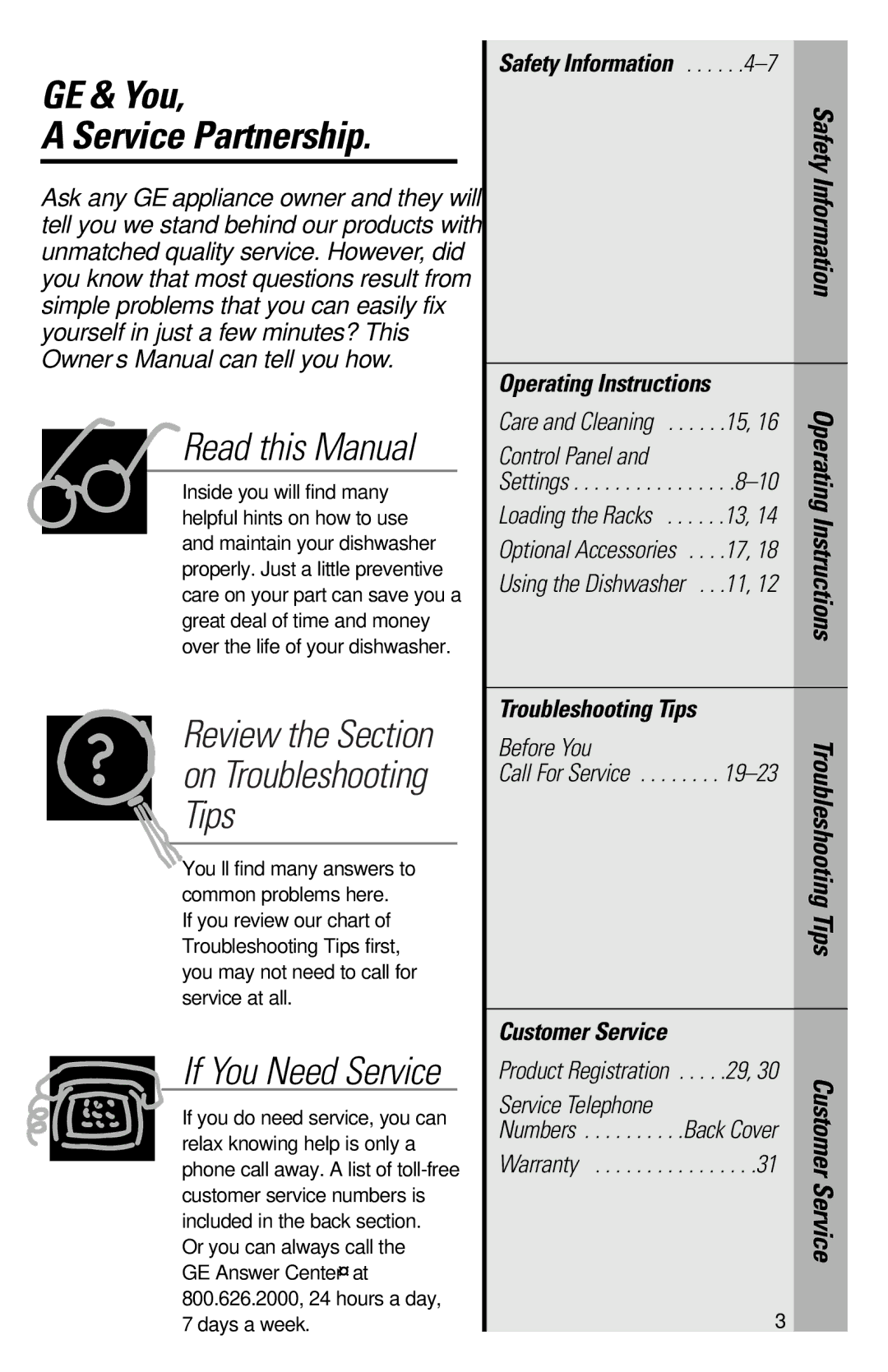 GE 165D4700P227 owner manual GE & You Service Partnership, Operating Instructions, Troubleshooting Tips, Safety Information 