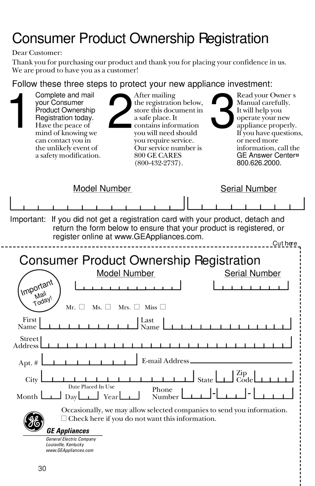 GE 165D4700P227 owner manual Consumer Product Ownership Registration, GE Appliances 