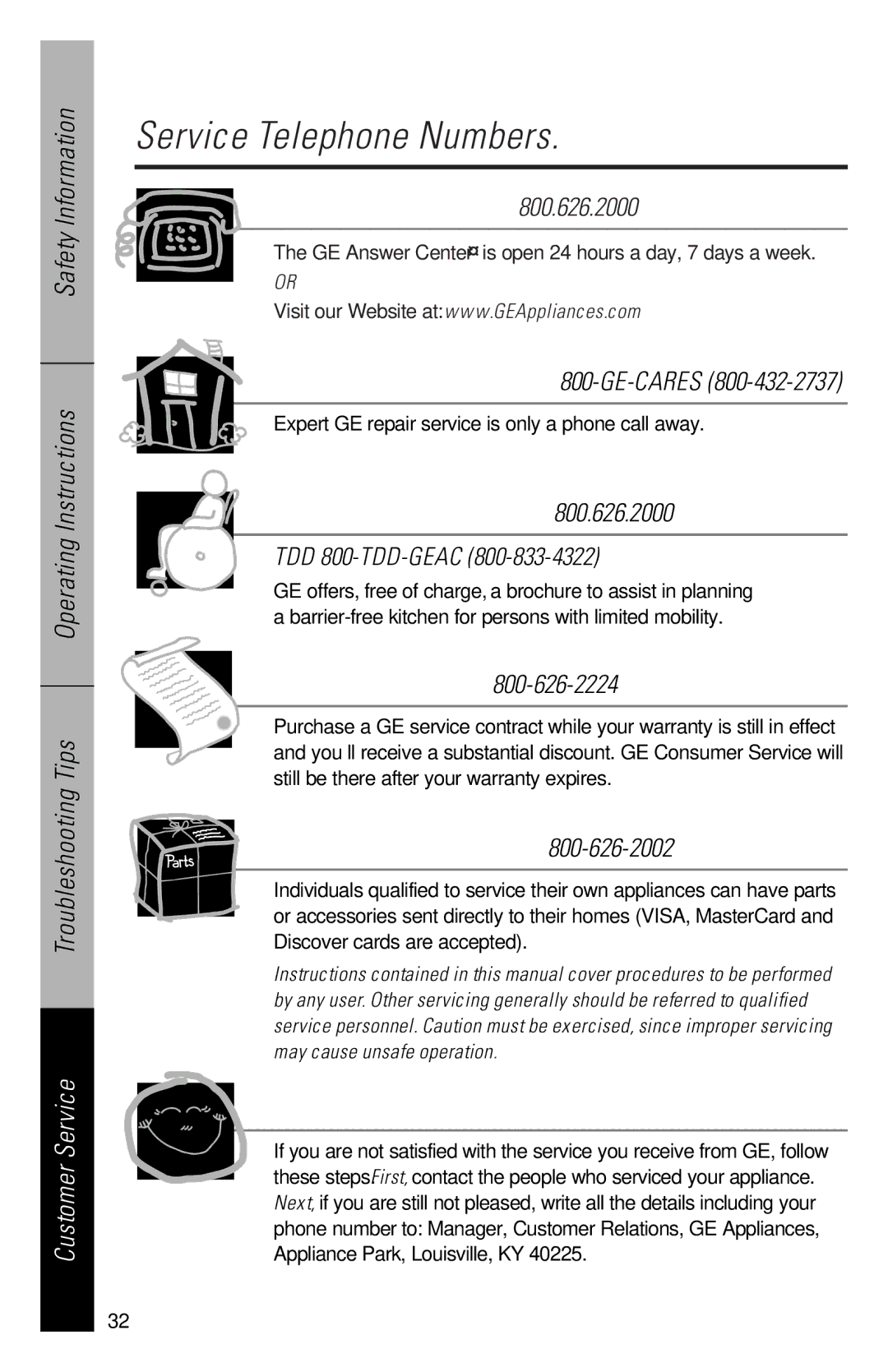 GE 165D4700P227 owner manual Service Telephone Numbers, In-Home Repair Service 800-GE-CARES, TDD 800-TDD-GEAC 