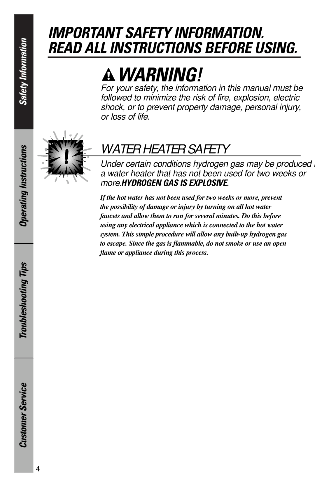 GE 165D4700P227 owner manual Water Heater Safety 