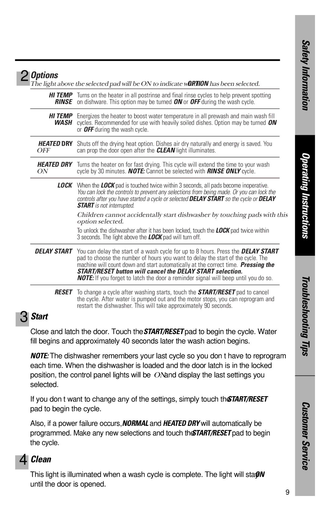 GE 165D4700P227 owner manual Options, Start, Clean 