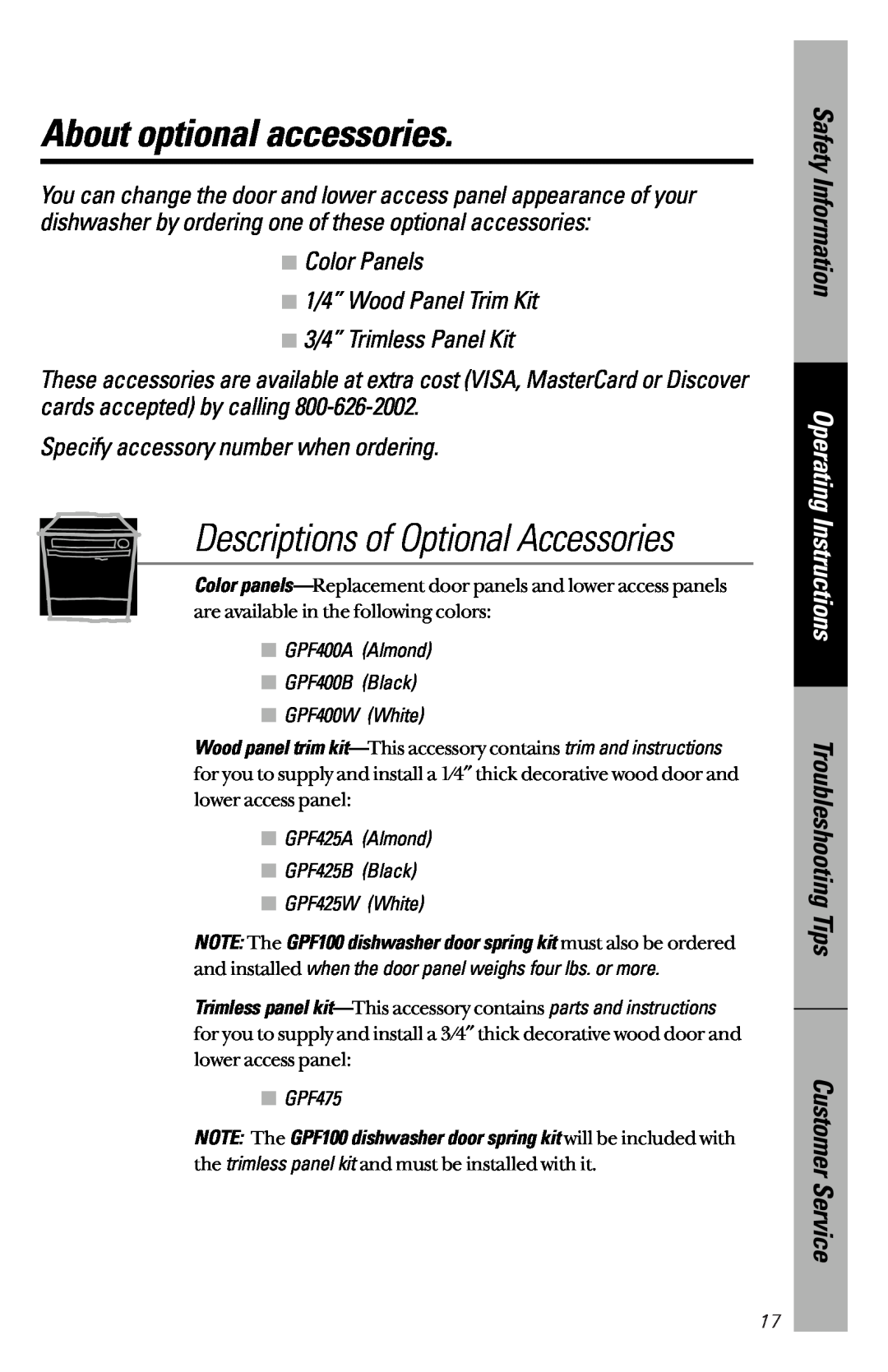 GE 165D4700P227 About optional accessories, Descriptions of Optional Accessories, Specify accessory number when ordering 