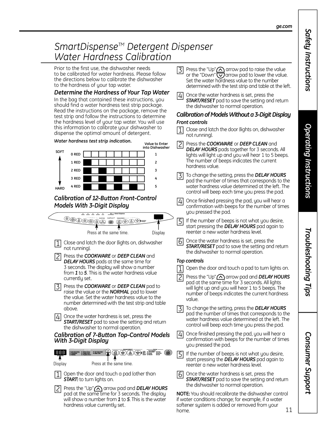 GE 165D4700P381 Determine the Hardness of Your Tap Water, CalibrationofModelsWithouta3-DigitDisplay, Front controls 