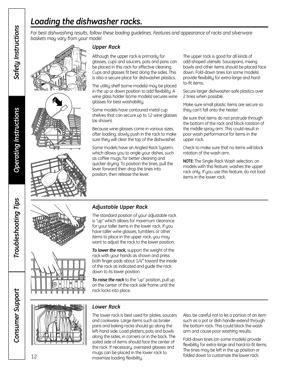 GE 165D4700P381 Loading the dishwasher racks, Troubleshooting Tips Support, Adjustable Upper Rack, Lower Rack 