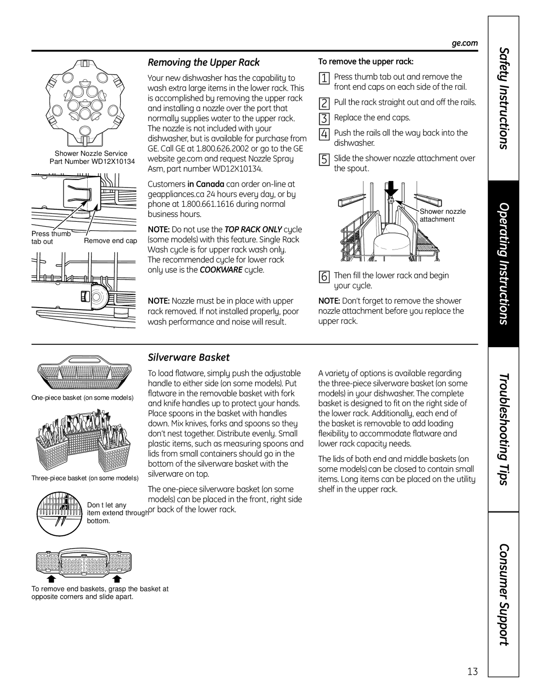 GE 165D4700P381 Removing the Upper Rack, Silverware Basket, Safety, Then fill the lower rack and begin your cycle 