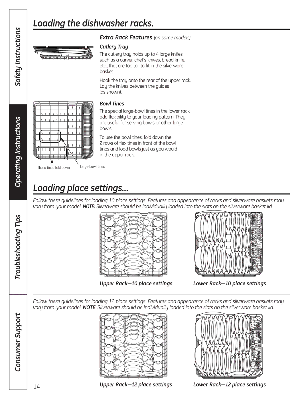 GE 165D4700P381 owner manual Loading place settings…, Extra Rack Features on some models 