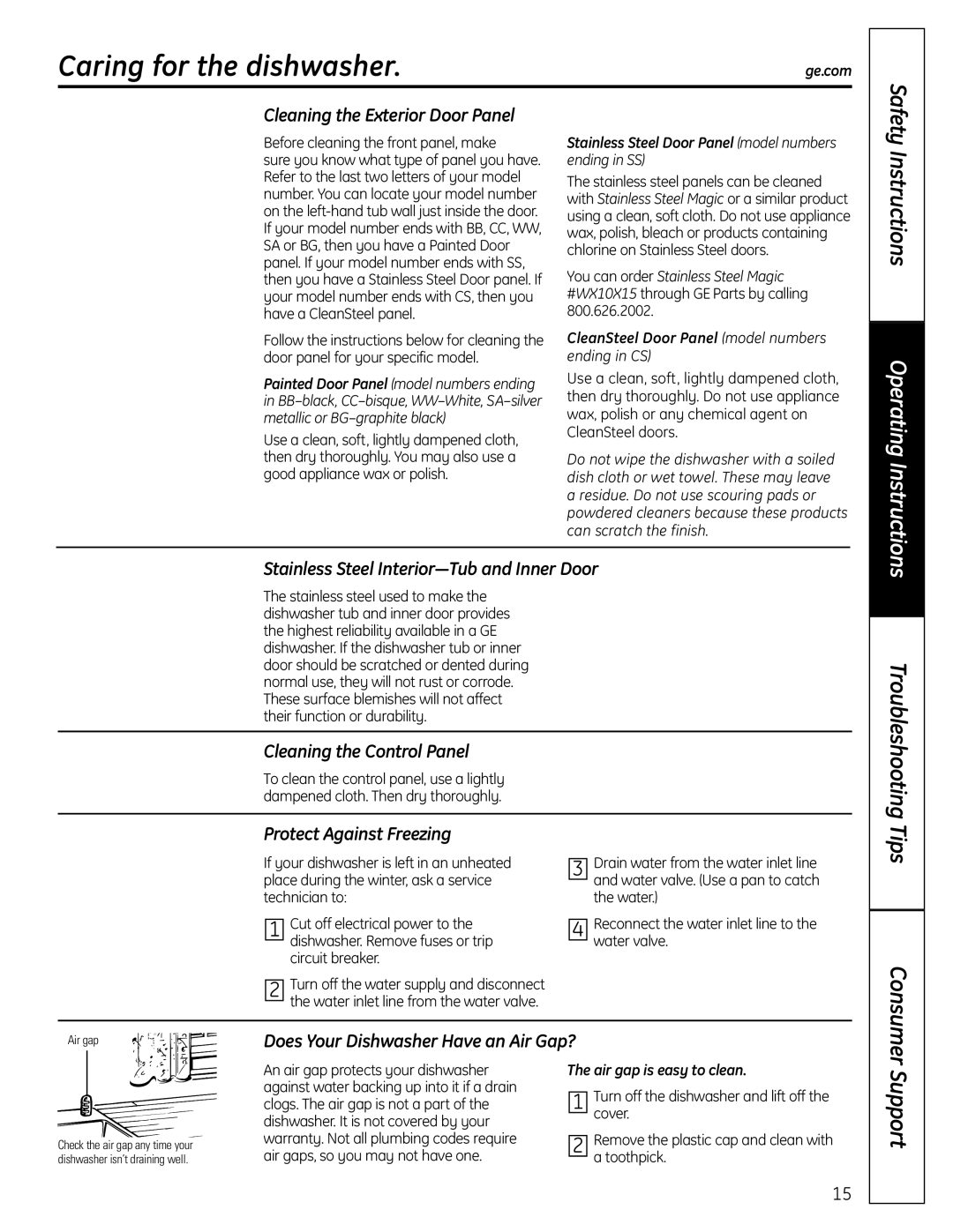 GE 165D4700P381 owner manual Caring for the dishwasher 