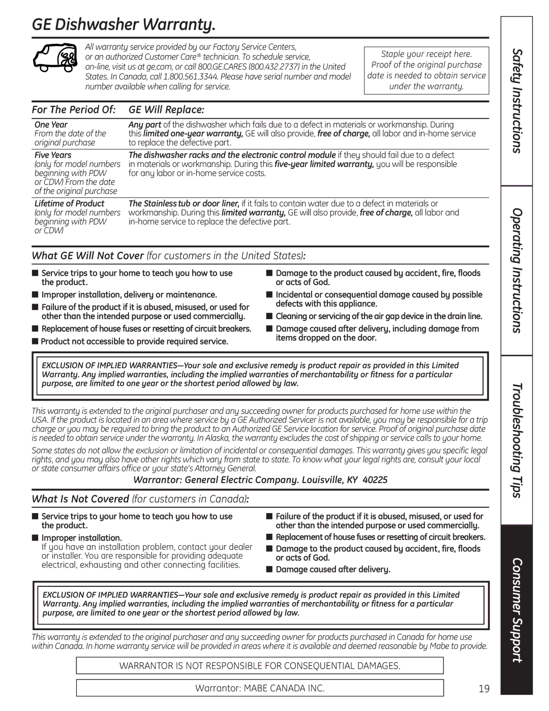 GE 165D4700P381 GE Dishwasher Warranty, For The Period GE Will Replace, Warrantor General Electric Company. Louisville, KY 