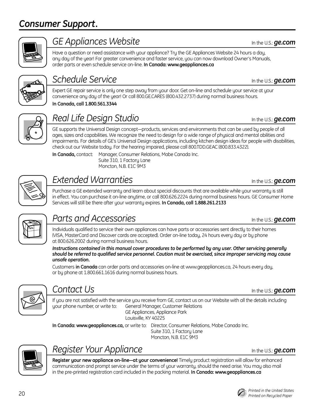 GE 165D4700P381 owner manual Consumer Support 